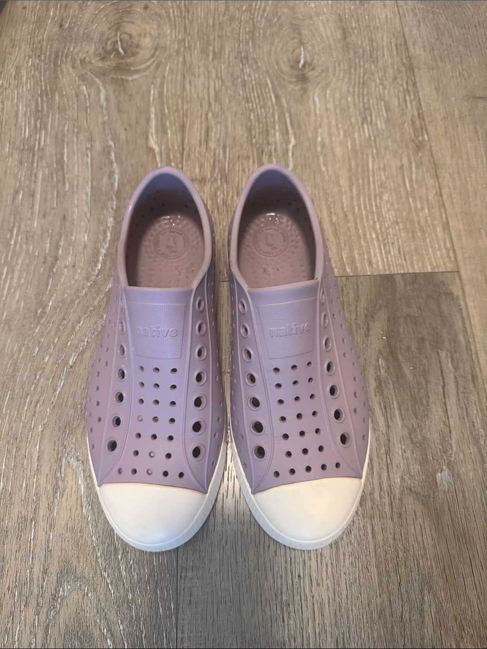 Native Slip-On Sneakers in Lavender and White Toe Caps